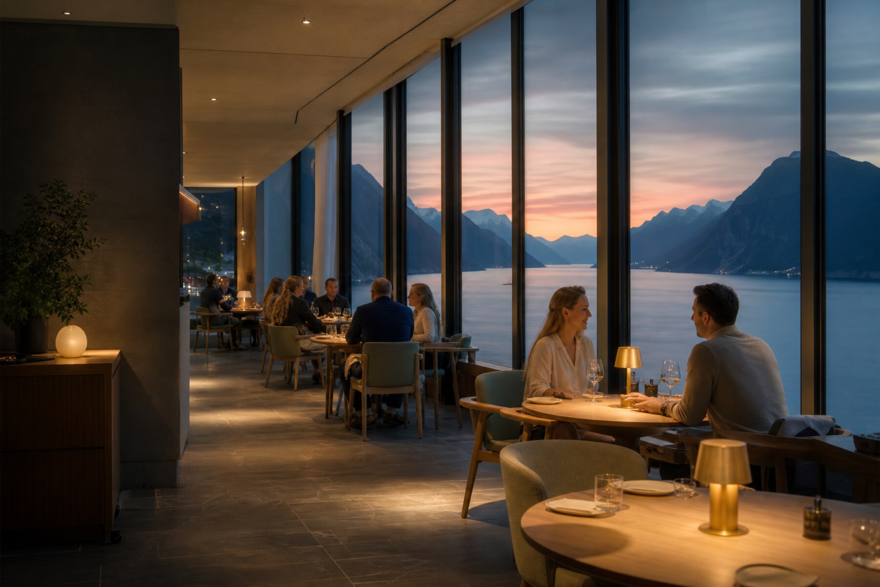 Lys og elegant restaurantsalong med utsikt over fjorden